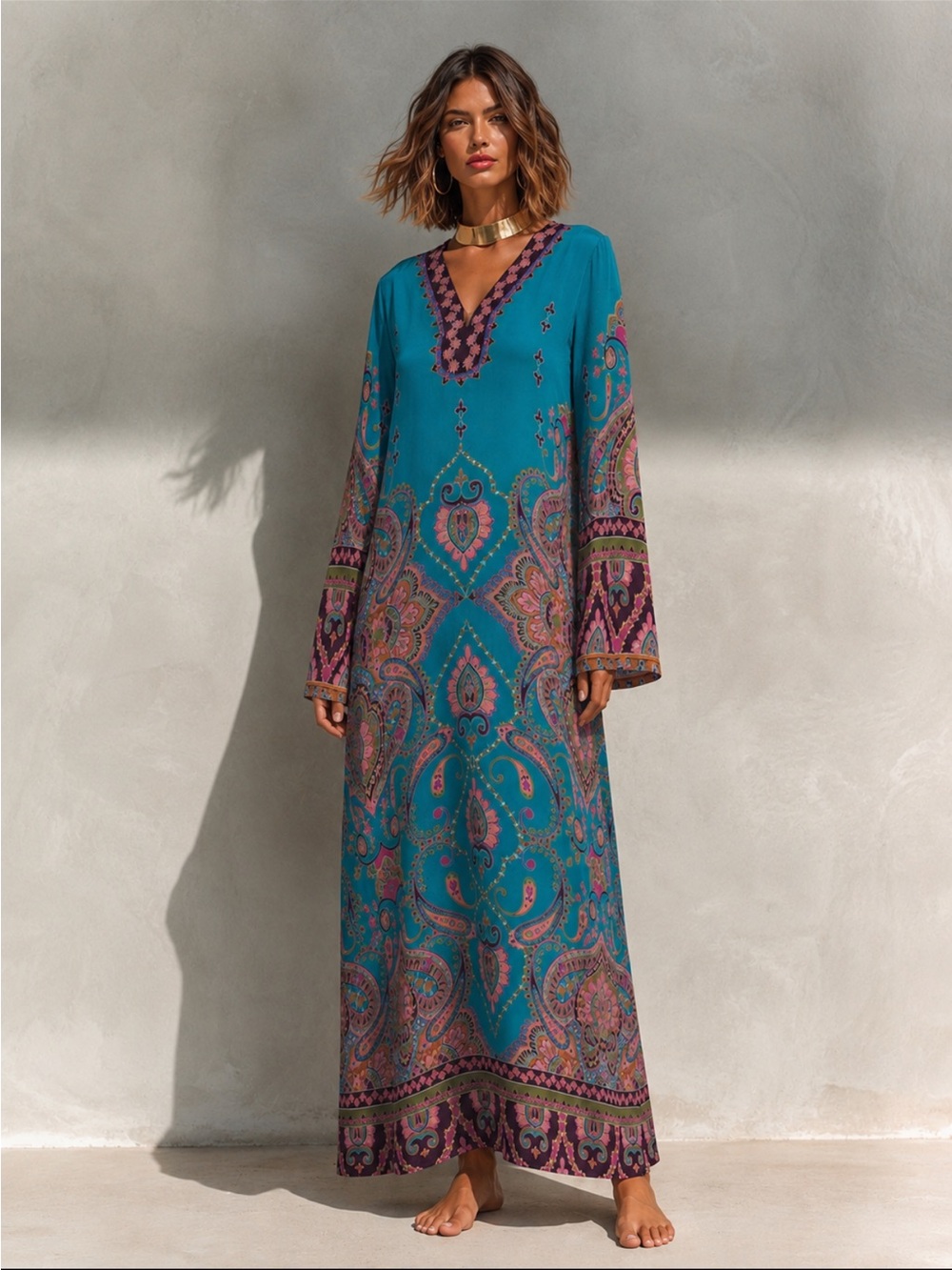 New🌺$448 Johnny Was Judith Dress 100% Silk Maxi Dress Paisley Long Sleeve M